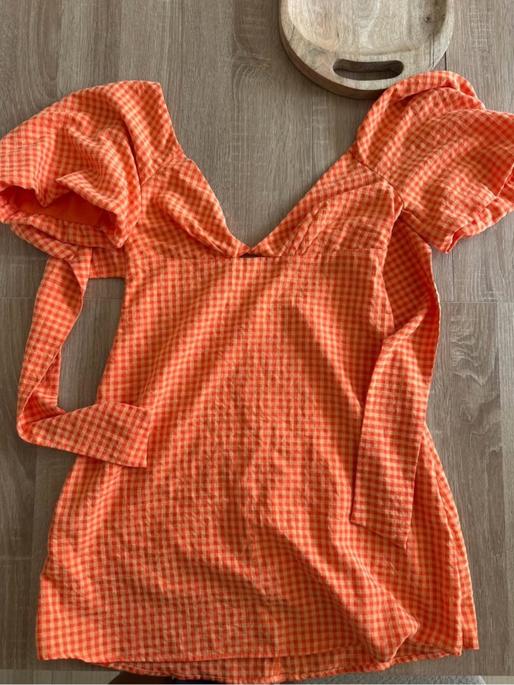 Gingham V-Neck Puff Sleeve Mini Dress in Orange